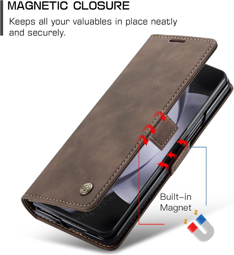 Cracedily for Samsung Galaxy Z Fold5 Case, Flip Wallet Leather Case with Card Holder Magnetic Closure Shockproof Kickstand Protective Phone Cases Cover for Samsung Galaxy Z Fold5,Coffee - Image 3